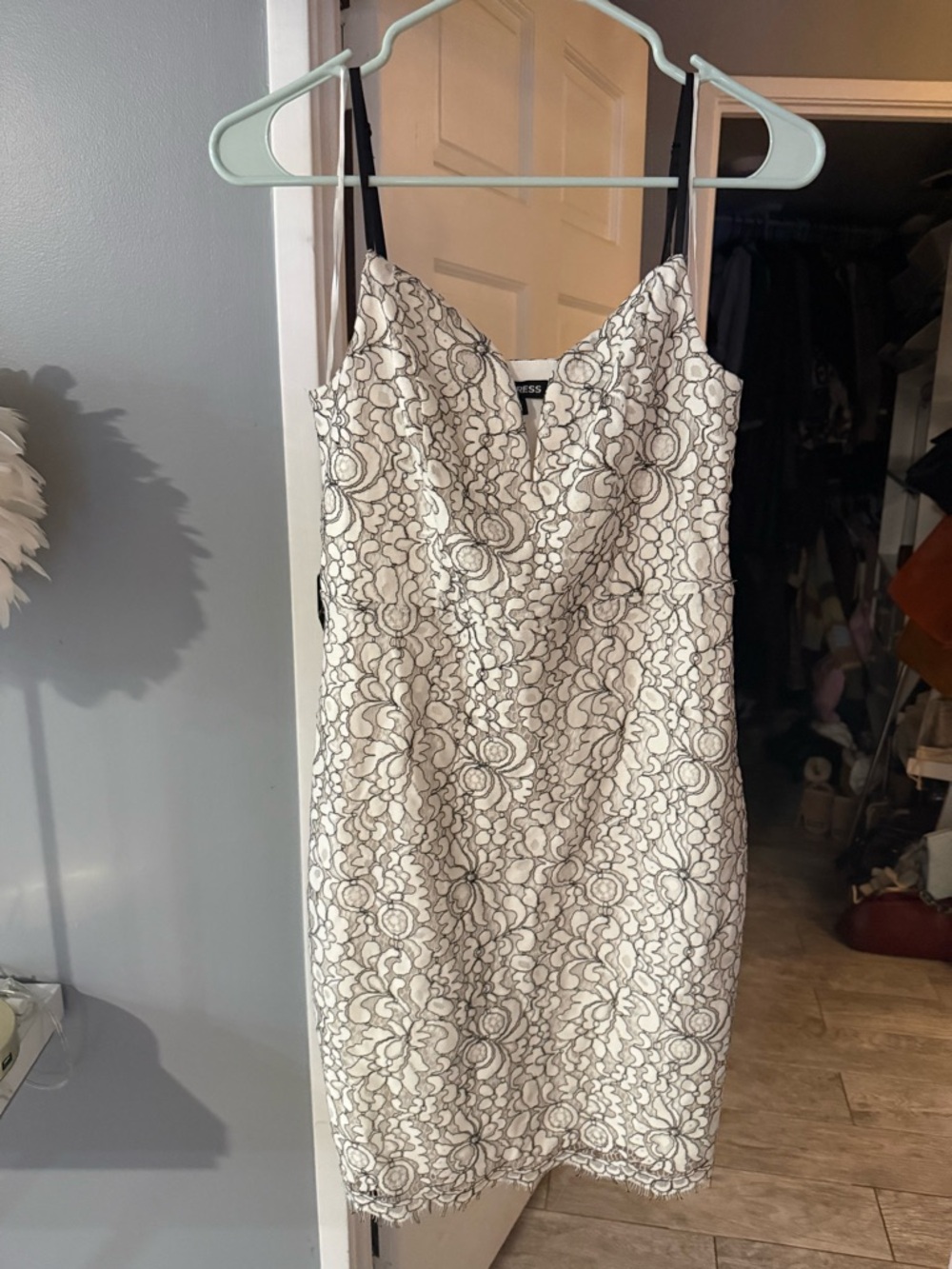 Express White Lace-Overlay Mini Dress with Black Floral Detailing